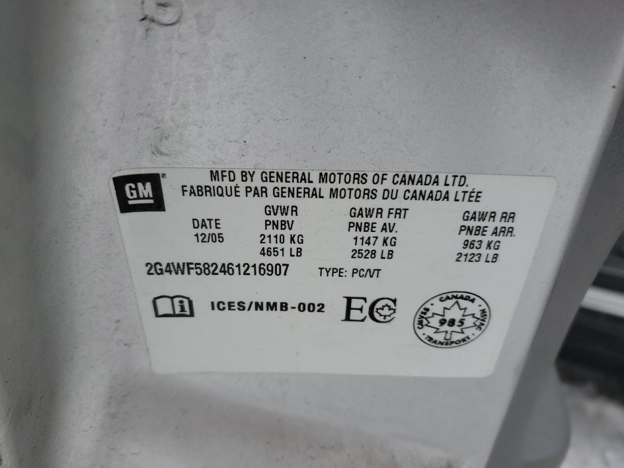 2006 Buick Allure VIN 2G4WF582461216907 Copart auction photo, side / top/roof damage thumbnail 12