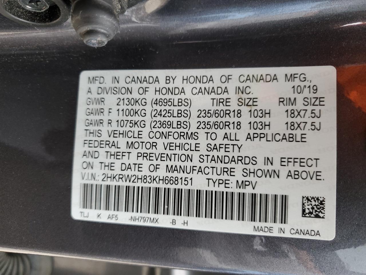2019 Honda CR-V VIN 2HKRW2H83KH668151 Copart auction photo, rear end / minor dent/scratches damage thumbnail 12