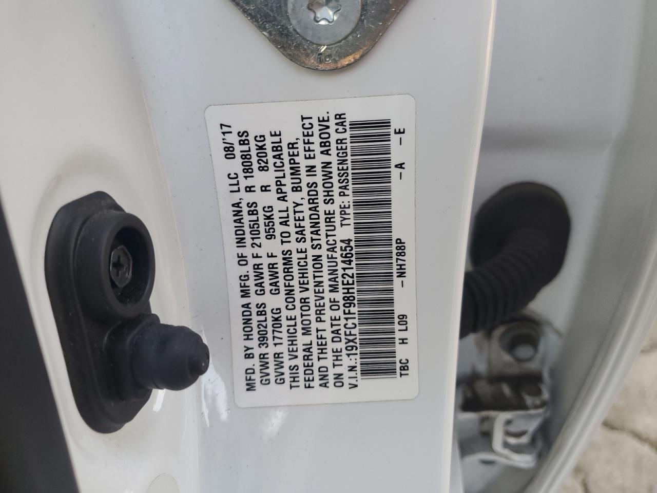 2017 Honda Civic VIN 19XFC1F98HE214654 Copart auction photo, front end damage thumbnail 14