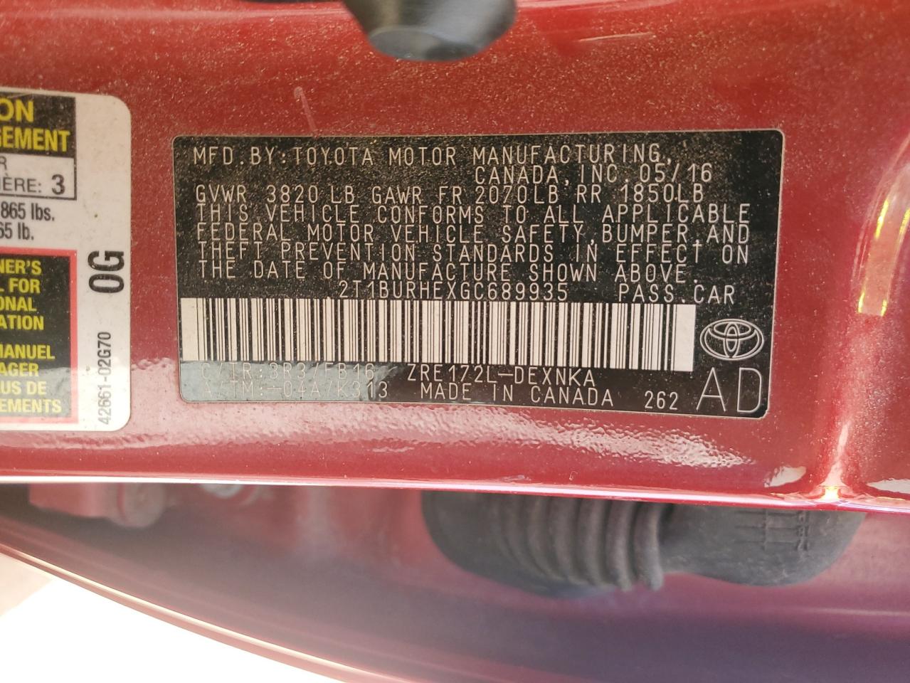 2016 Toyota Corolla VIN 2T1BURHEXGC689935 Copart auction photo, rear end damage thumbnail 14