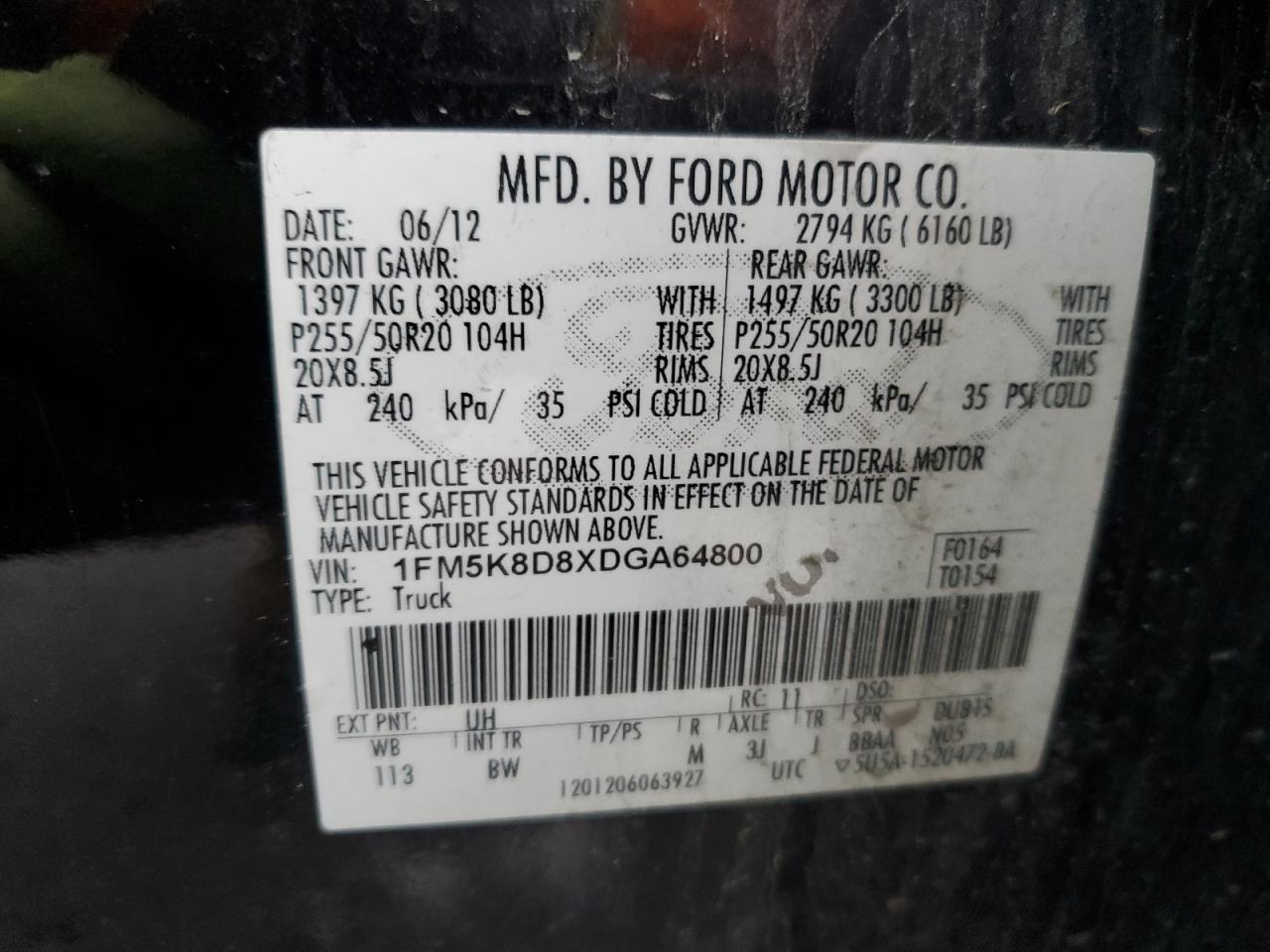 2013 Ford Explorer VIN 1FM5K8D8XDGA64800 Copart auction photo, front end damage thumbnail 13