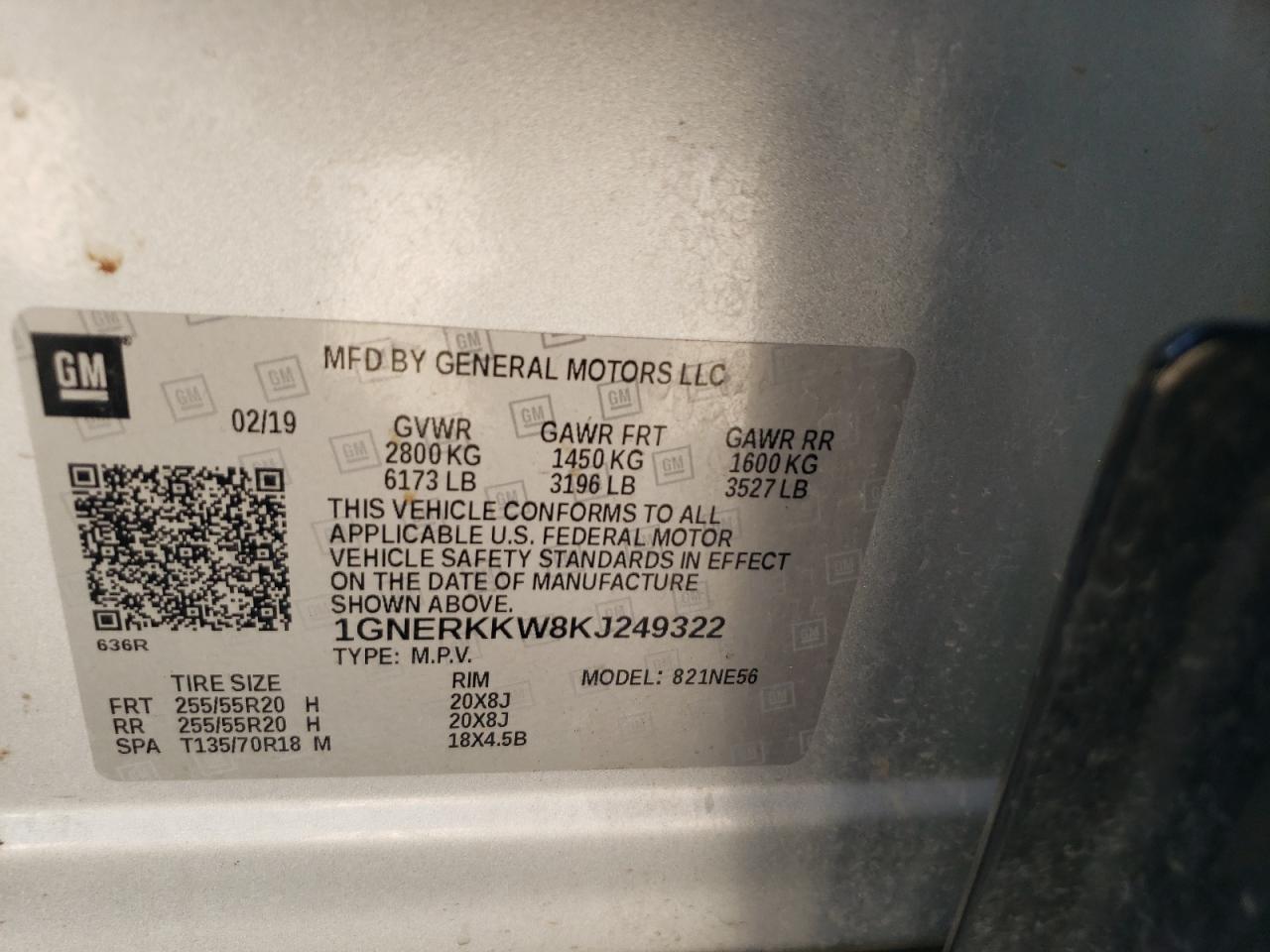 2019 Chevrolet Traverse VIN 1GNERKKW8KJ249322 Copart auction photo, rear end / side damage thumbnail 13