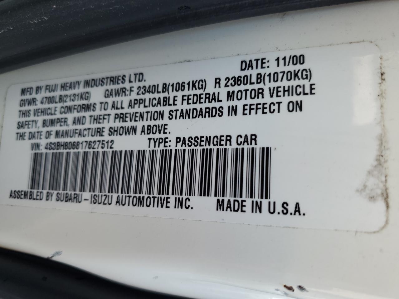 2001 Subaru Legacy VIN 4S3BH806817627512 Copart auction photo, front end / minor dent/scratches damage thumbnail 14