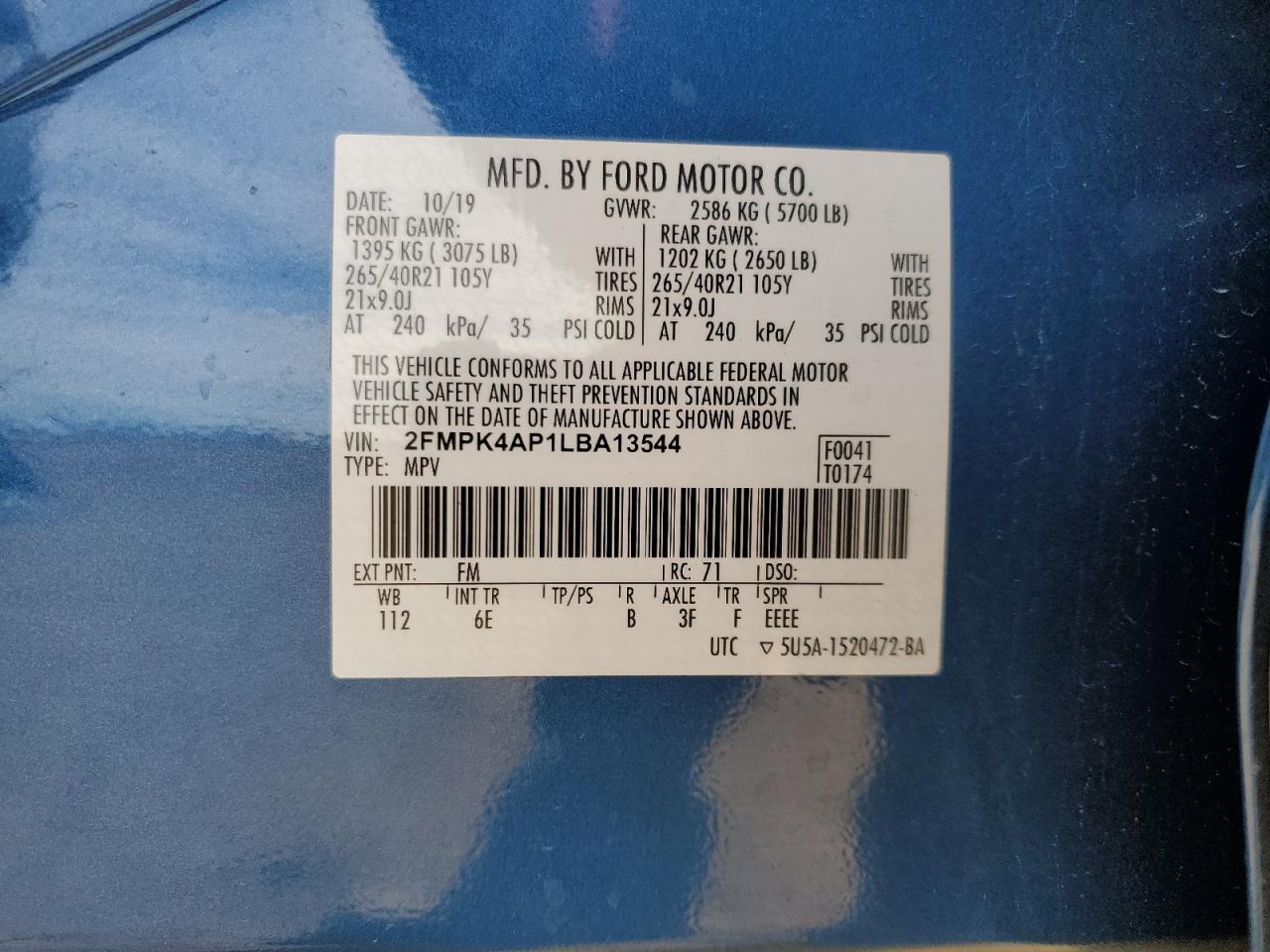 2020 Ford Edge VIN 2FMPK4AP1LBA13544 Copart auction photo, burn damage thumbnail 15