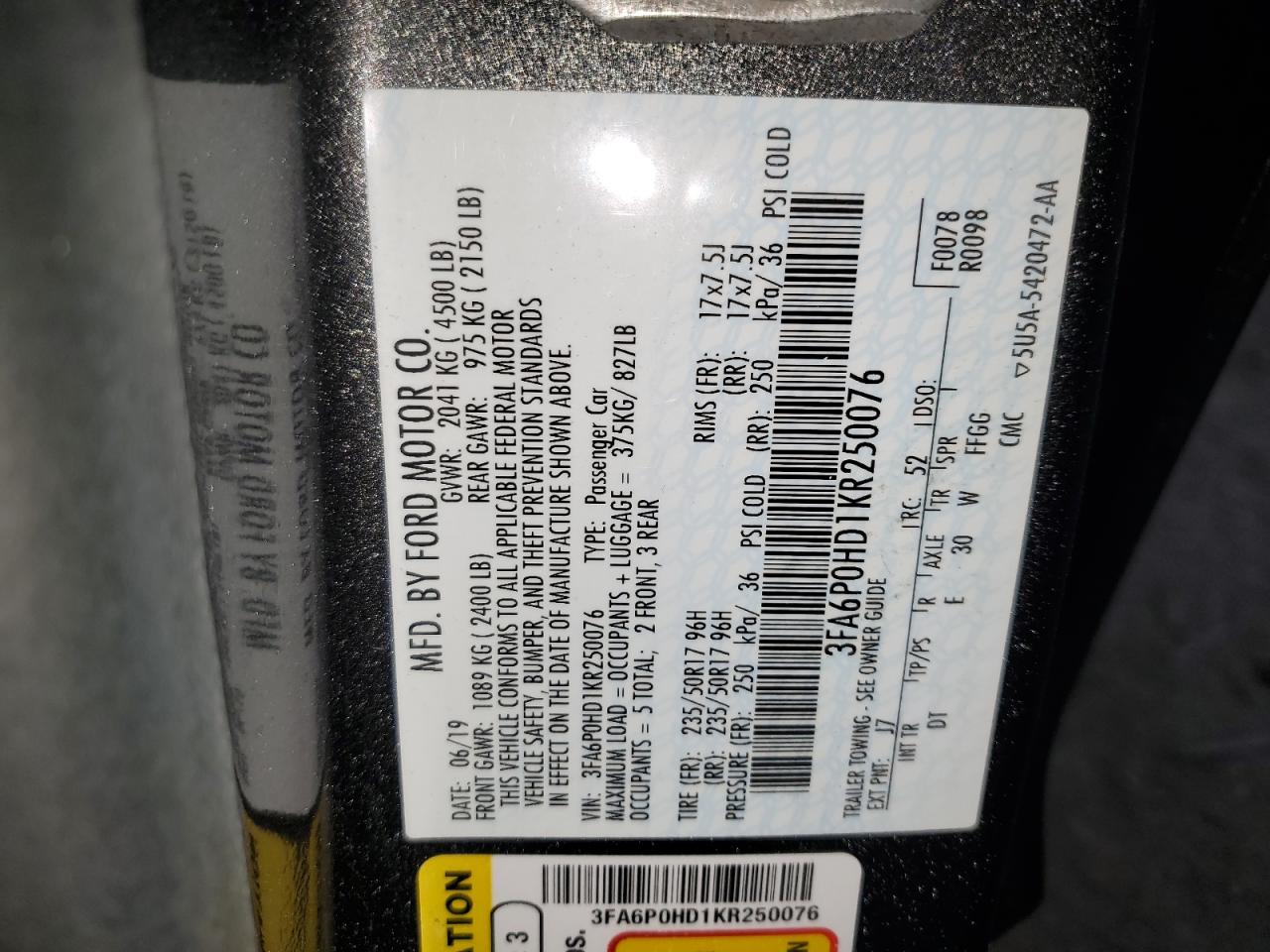 2019 Ford Fusion VIN 3FA6P0HD1KR250076 Copart auction photo, rear end / front end damage thumbnail 13