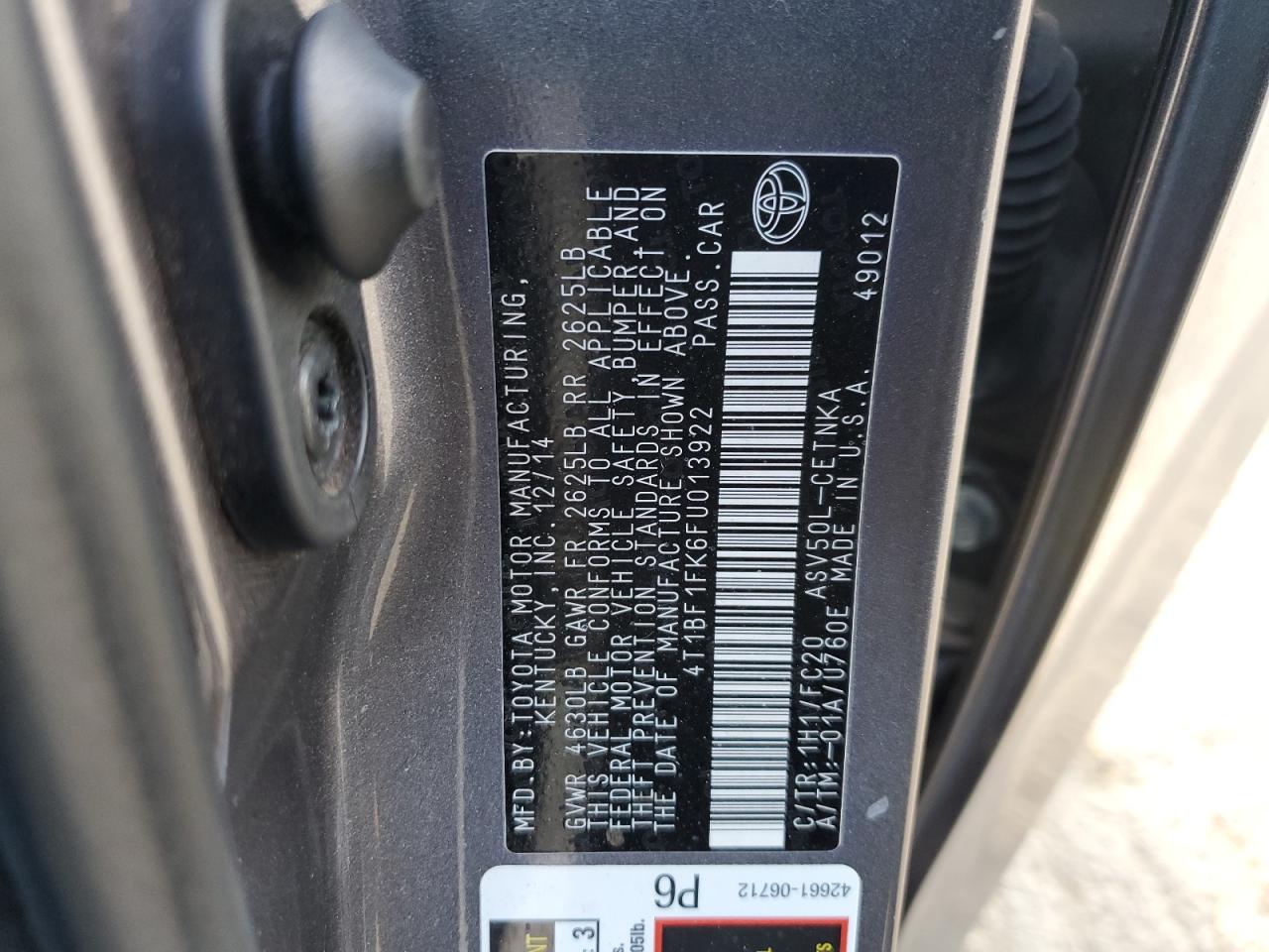 2015 Toyota Camry VIN 4T1BF1FK6FU013922 Copart auction photo, all over damage thumbnail 13