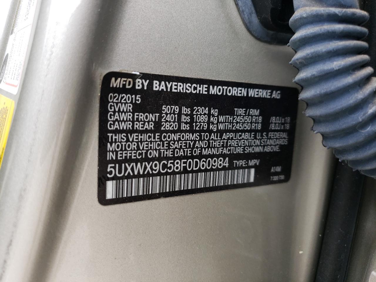 2015 BMW X3 VIN 5UXWX9C58F0D60984 Copart auction photo, top/roof / side damage thumbnail 15