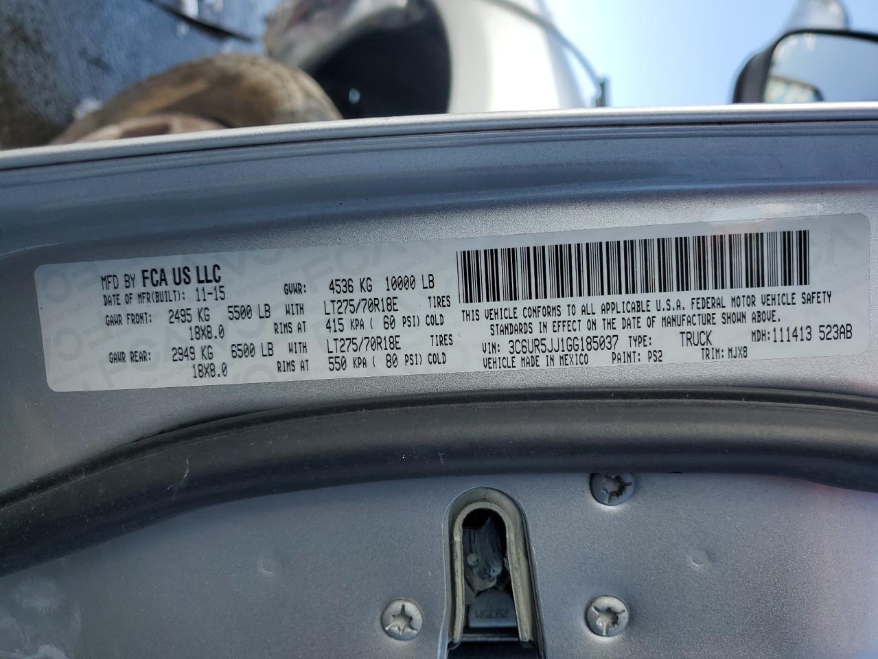2016 RAM 2500 VIN 3C6UR5JJ1GG185037 Copart auction photo, front end / side damage thumbnail 12