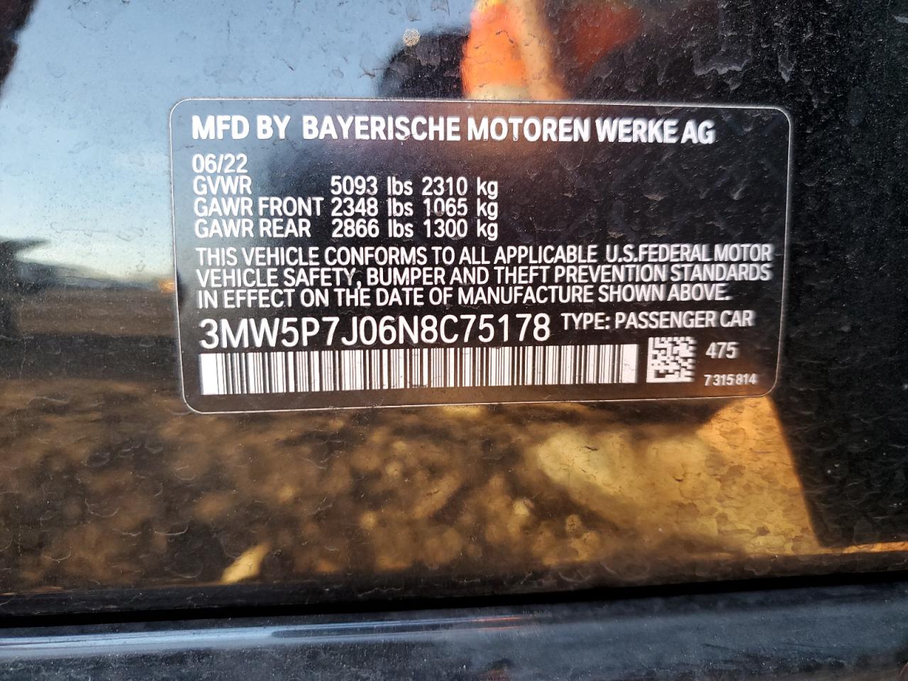 2022 BMW 3er VIN 3MW5P7J06N8C75178 Copart auction photo, front end damage thumbnail 15