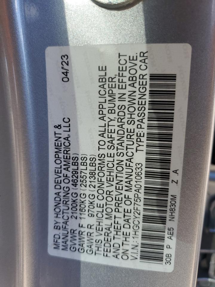 2023 Honda Accord VIN 1HGCY2F75PA010633 Copart auction photo, water/flood damage thumbnail 14