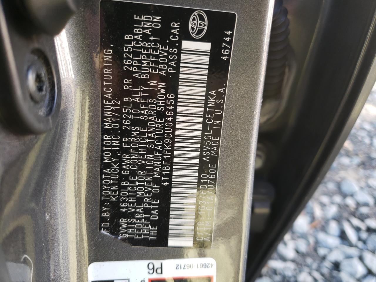 2012 Toyota Camry VIN 4T1BF1FK9CU046456 Copart auction photo, front end / side damage thumbnail 12