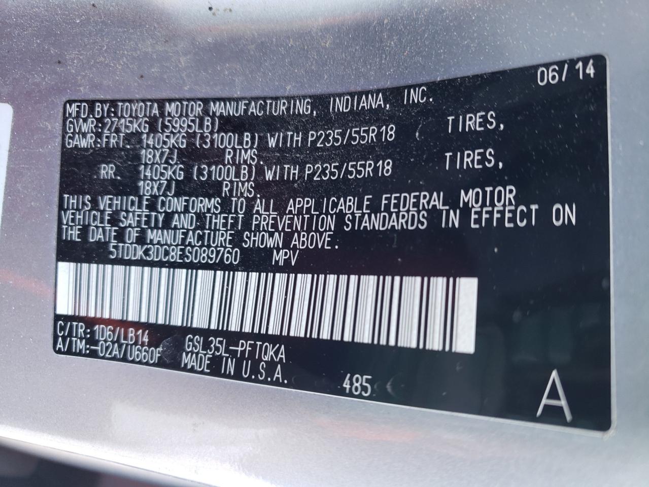 2014 Toyota Sienna VIN 5TDDK3DC8ES089760 Copart auction photo, front end / side damage thumbnail 14