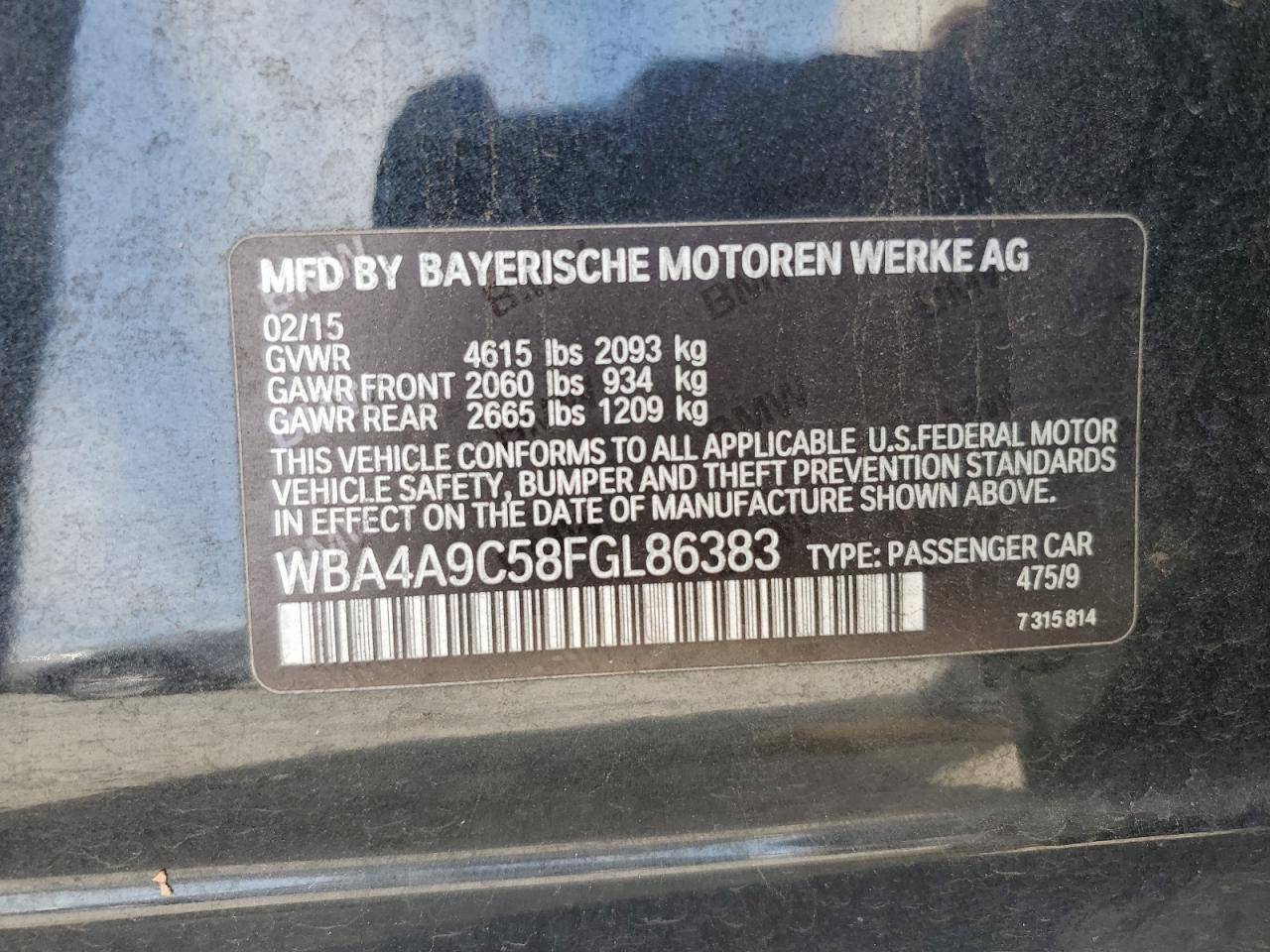 2015 BMW 4er VIN WBA4A9C58FGL86383 Copart auction photo, mechanical / front end damage thumbnail 12