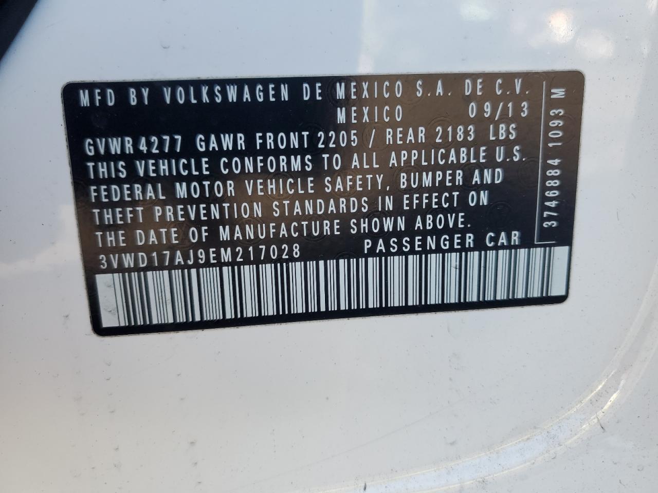 2014 Volkswagen Jetta VIN 3VWD17AJ9EM217028 Copart auction photo, side / rear end damage thumbnail 12