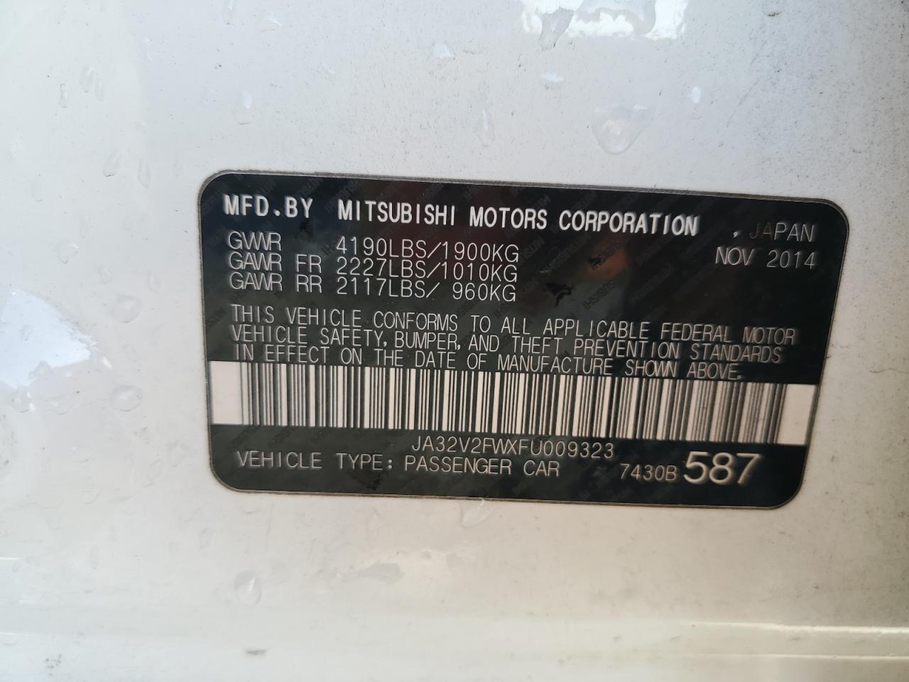 2015 Mitsubishi Lancer VIN JA32V2FWXFU009323 Copart auction photo, front end damage thumbnail 13