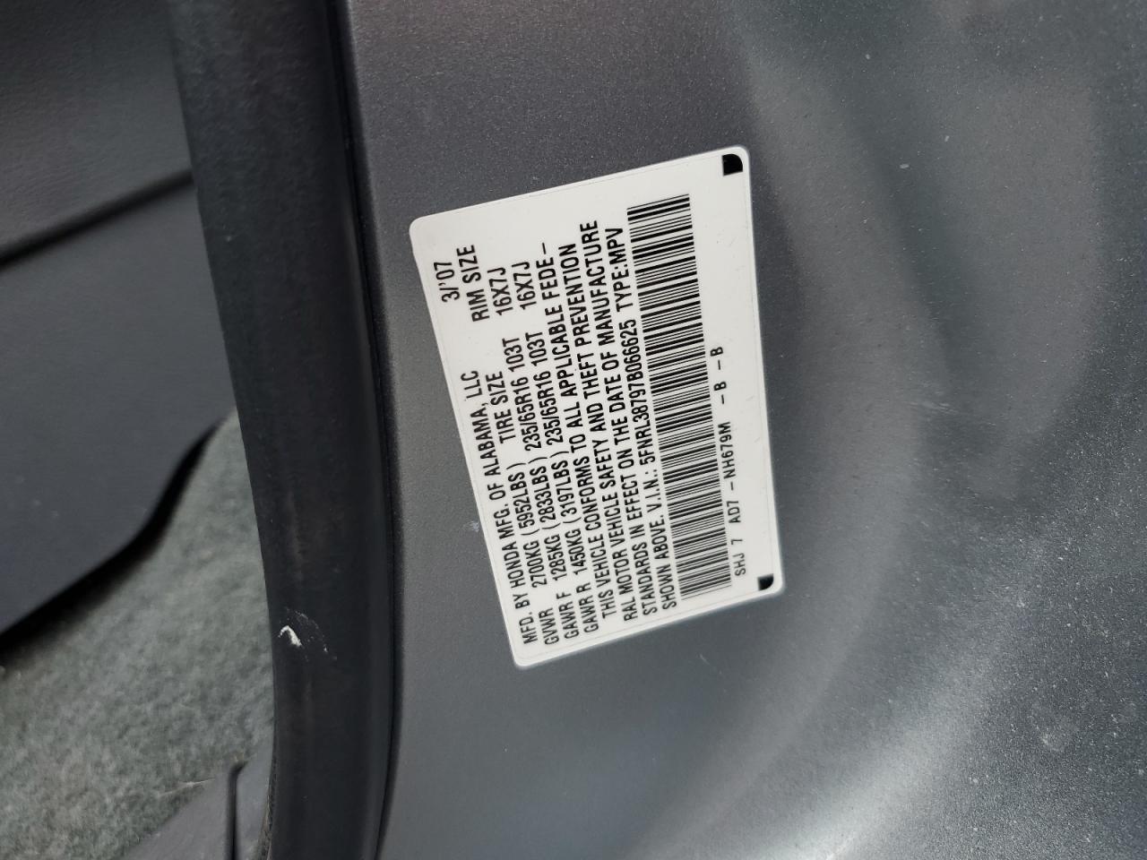 2007 Honda Odyssey VIN 5FNRL38797B066625 Copart auction photo, front end damage thumbnail 13