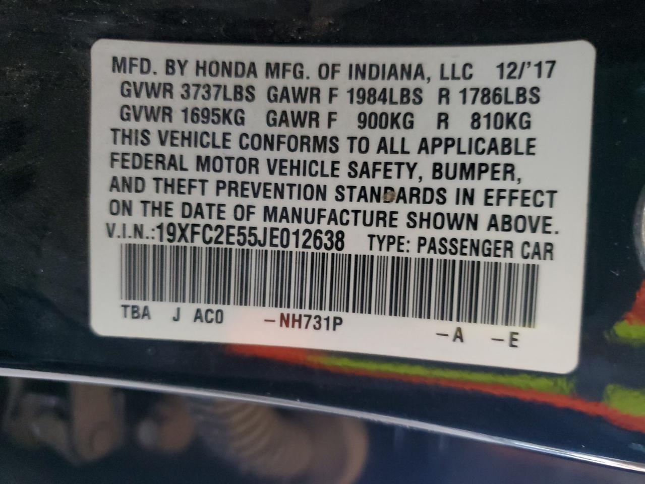 2018 Honda Civic VIN 19XFC2E55JE012638 Copart auction photo, front end damage thumbnail 12