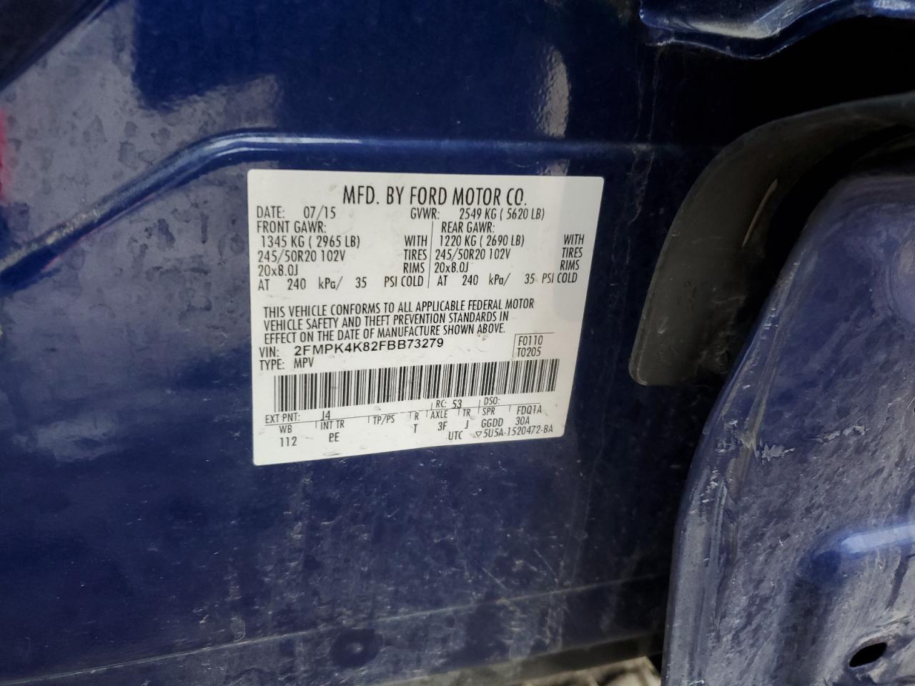 2015 Ford Edge VIN 2FMPK4K82FBB73279 Copart auction photo, front end / side damage thumbnail 15