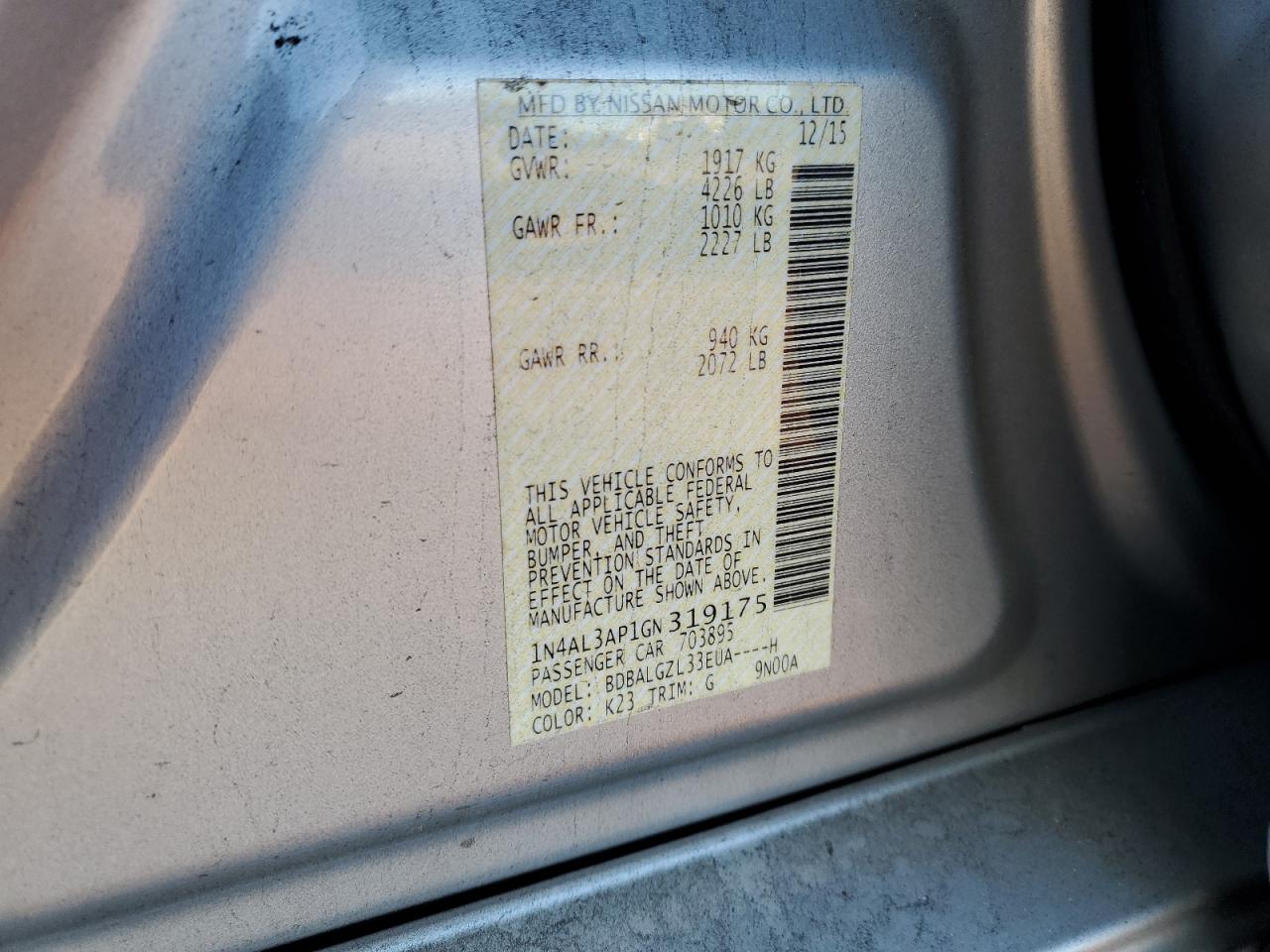 2016 Nissan Altima VIN 1N4AL3AP1GN319175 Copart auction photo, rear end damage thumbnail 12