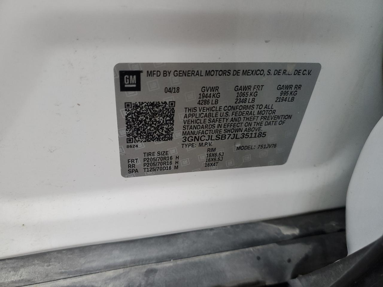2018 Chevrolet Trax VIN 3GNCJLSB7JL351185 Copart auction photo, front end damage thumbnail 13