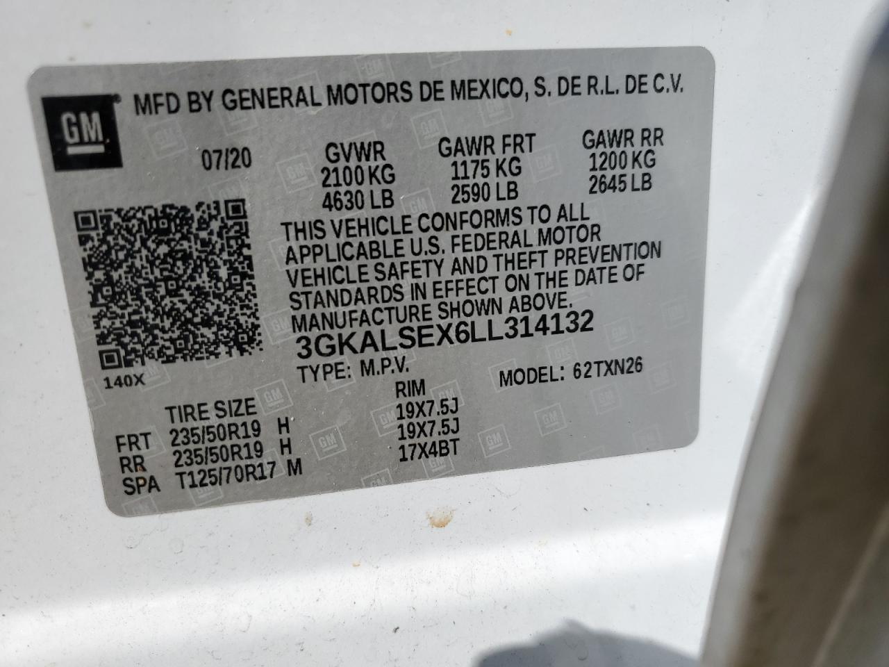 2020 GMC Terrain VIN 3GKALSEX6LL314132 Copart auction photo, front end / all over damage thumbnail 14