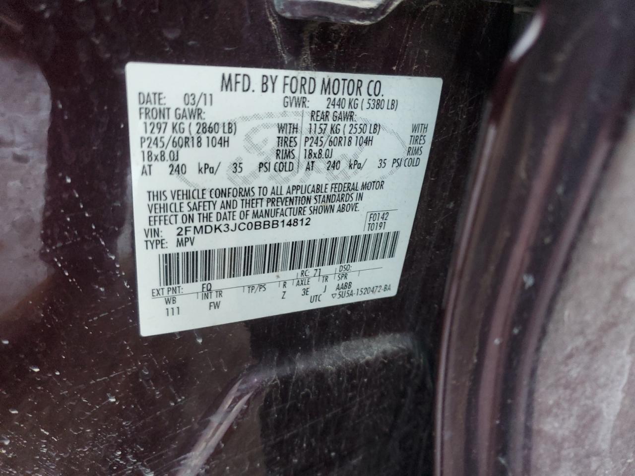 2011 Ford Edge VIN 2FMDK3JC0BBB14812 Copart auction photo, all over damage thumbnail 14