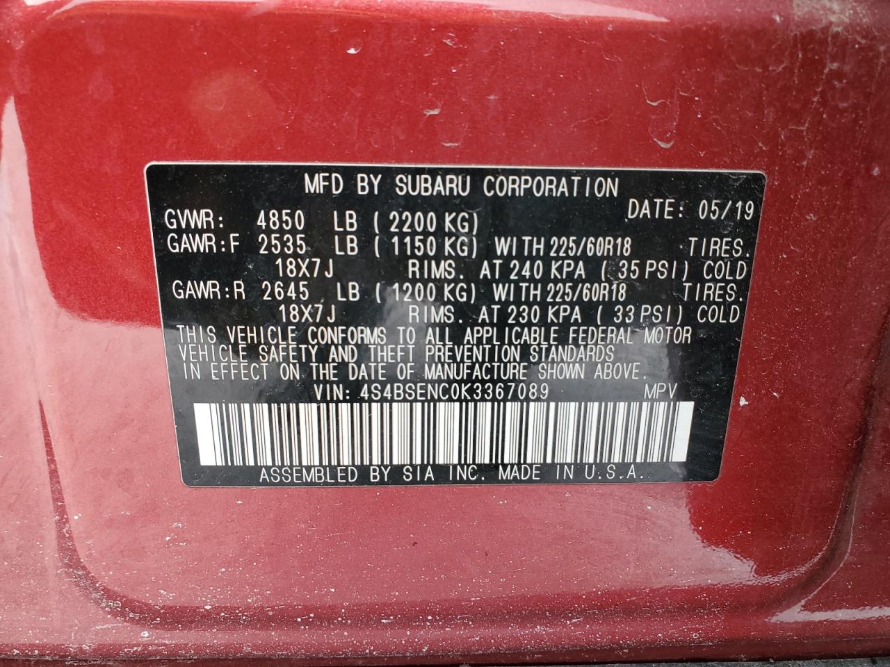 2019 Subaru Outback VIN 4S4BSENC0K3367089 Copart auction photo, rear end damage thumbnail 13
