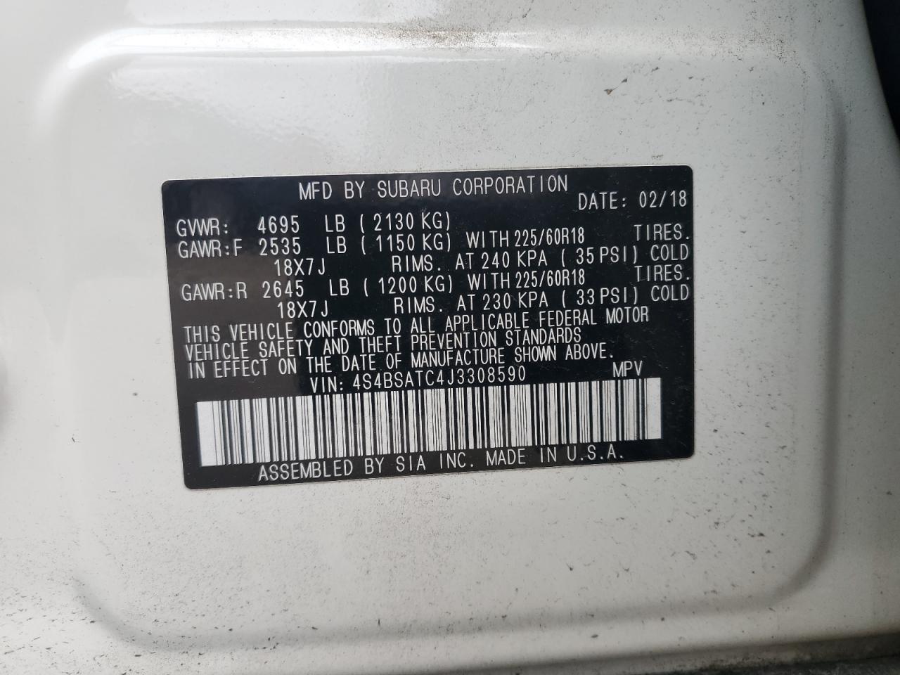 2018 Subaru Outback VIN 4S4BSATC4J3308590 Copart auction photo, front end / side damage thumbnail 14