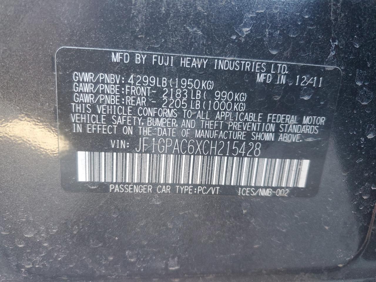 2012 Subaru Impreza VIN JF1GPAC6XCH215428 Copart auction photo, front end damage thumbnail 12