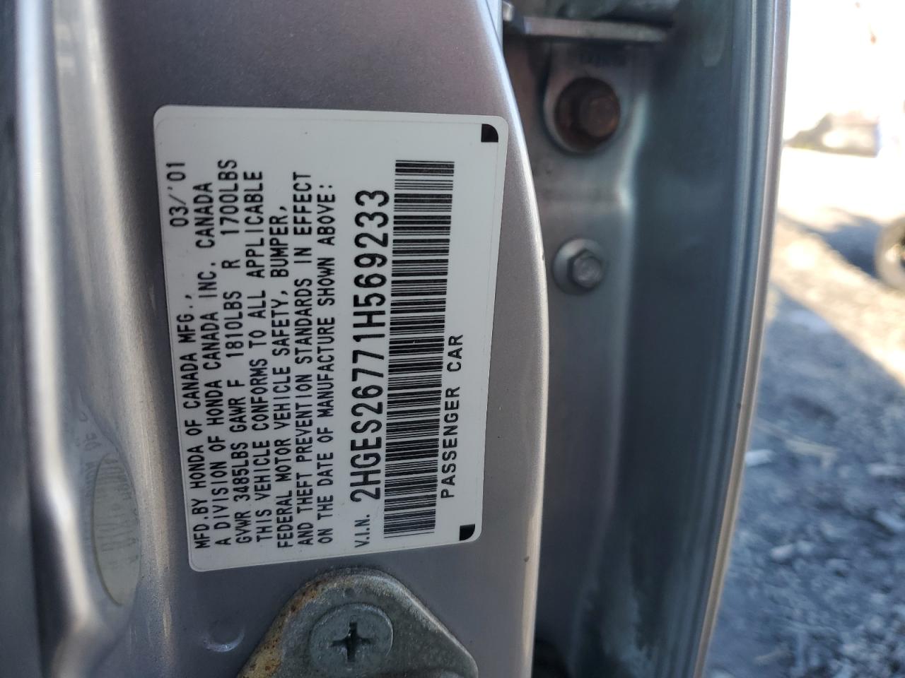 2001 Honda Civic VIN 2HGES26771H569233 Copart auction photo, front end damage thumbnail 12