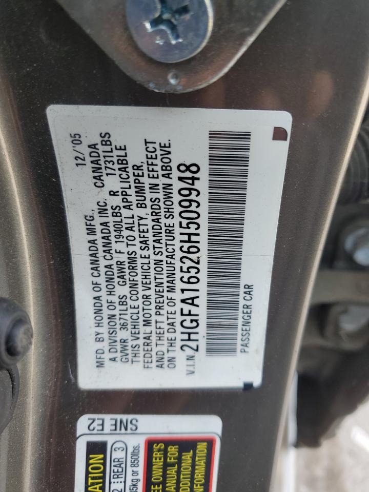 2006 Honda Civic VIN 2HGFA16526H509948 Copart auction photo, front end / minor dent/scratches damage thumbnail 12
