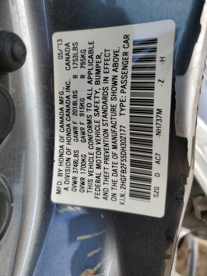 2013 Honda Civic VIN 2HGFB2F55DH302177 Copart auction photo, side damage thumbnail 13