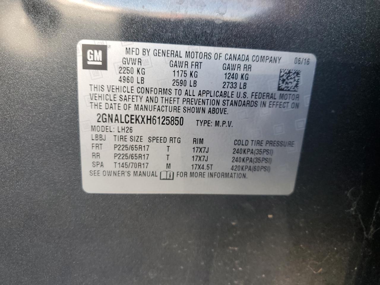 2017 Chevrolet Equinox VIN 2GNALCEKXH6125850 Copart auction photo, all over damage thumbnail 13