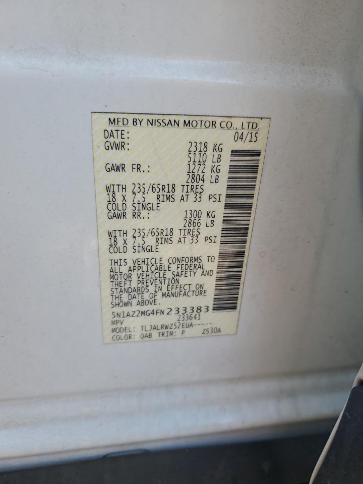 2015 Nissan Murano VIN 5N1AZ2MG4FN233383 Copart auction photo, front end damage thumbnail 13