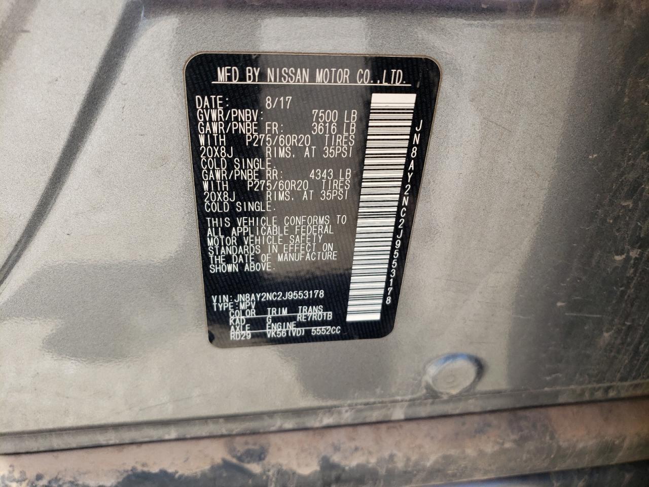 2018 Nissan Armada VIN JN8AY2NC2J9553178 Copart auction photo, front end damage thumbnail 15
