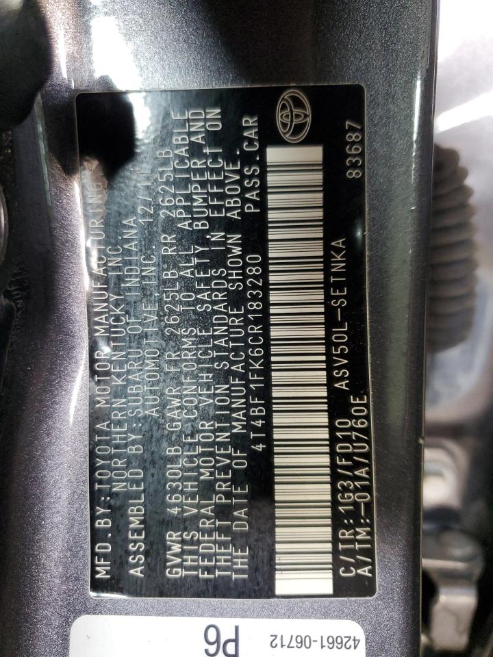 2012 Toyota Camry VIN 4T4BF1FK6CR183280 Copart auction photo, front end damage thumbnail 14