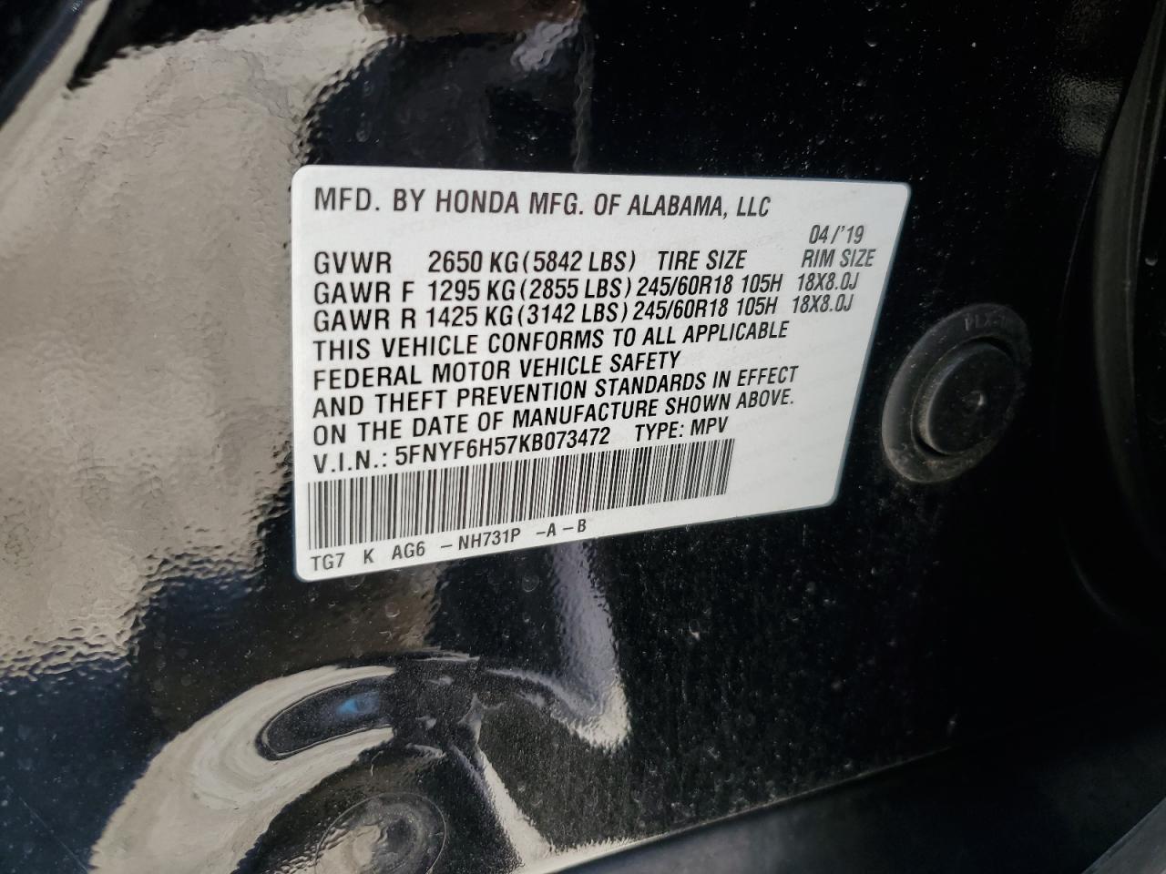 2019 Honda Pilot VIN 5FNYF6H57KB073472 Copart auction photo, side / minor dent/scratches damage thumbnail 13