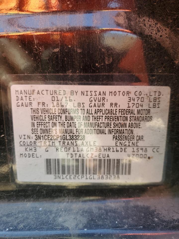 2016 Nissan Versa VIN 3N1CE2CP1GL383238 Copart auction photo, front end / rear end damage thumbnail 12