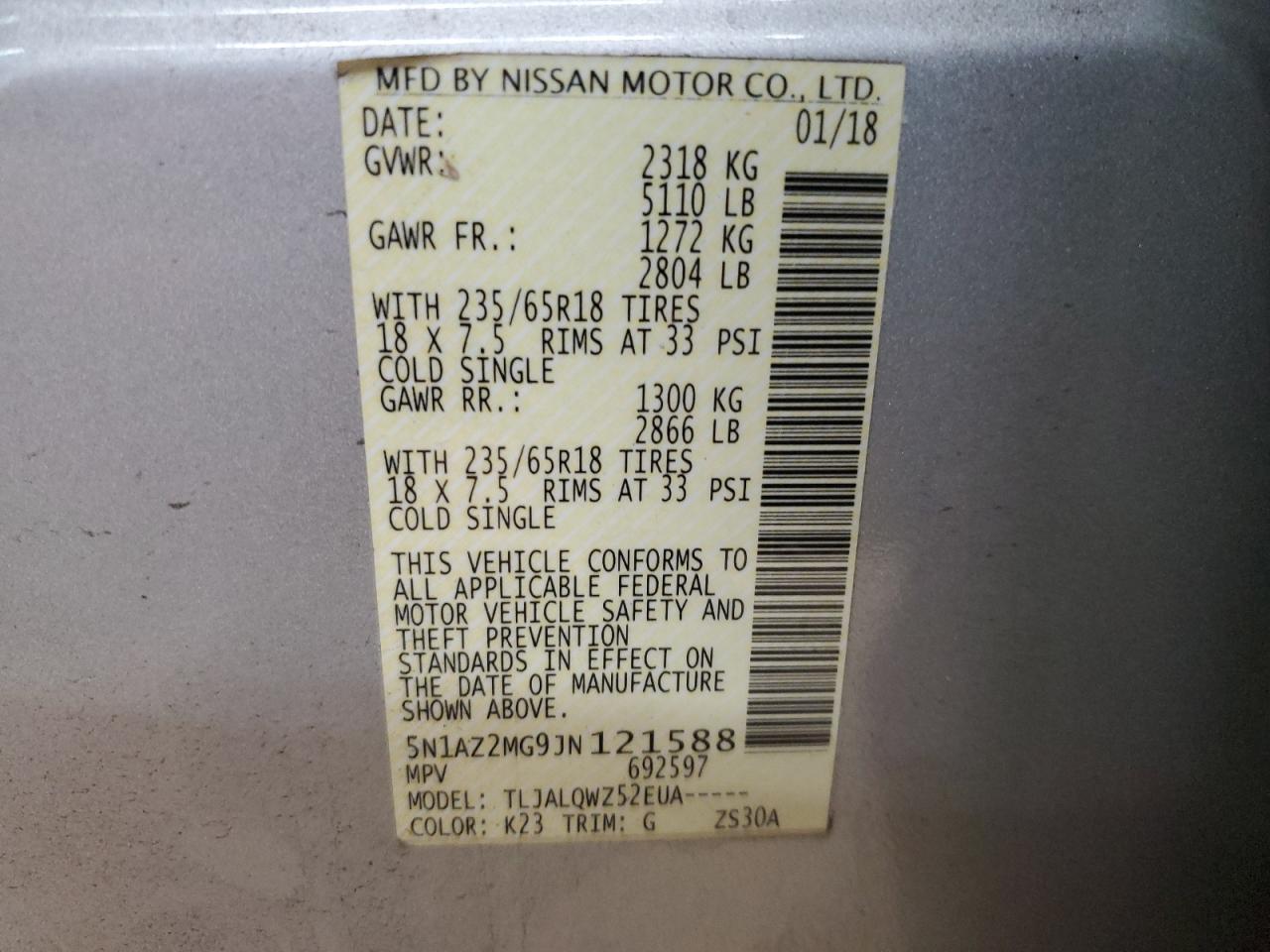 2018 Nissan Murano VIN 5N1AZ2MG9JN121588 Copart auction photo, rear end damage thumbnail 14