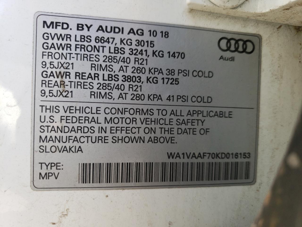 2019 Audi Q7 VIN WA1VAAF70KD016153 Copart auction photo, rear end / front end damage thumbnail 14