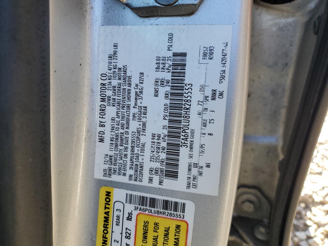 2017 Ford Fusion VIN 3FA6P0LU8HR285553 Copart auction photo, rear end / front end damage thumbnail 13