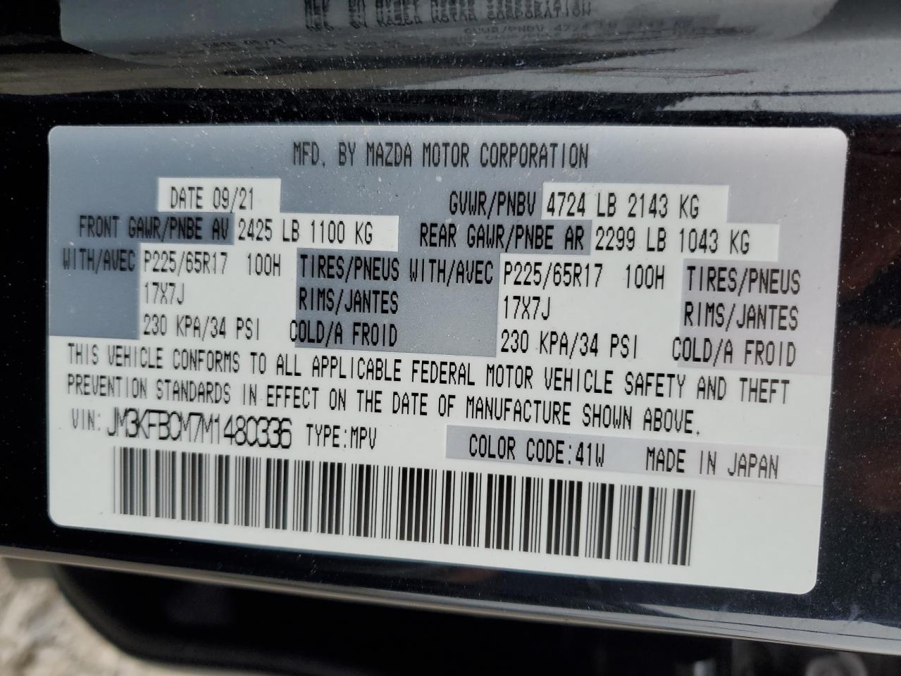 2021 Mazda CX-5 VIN JM3KFBCM7M1480336 Copart auction photo, front end damage thumbnail 15