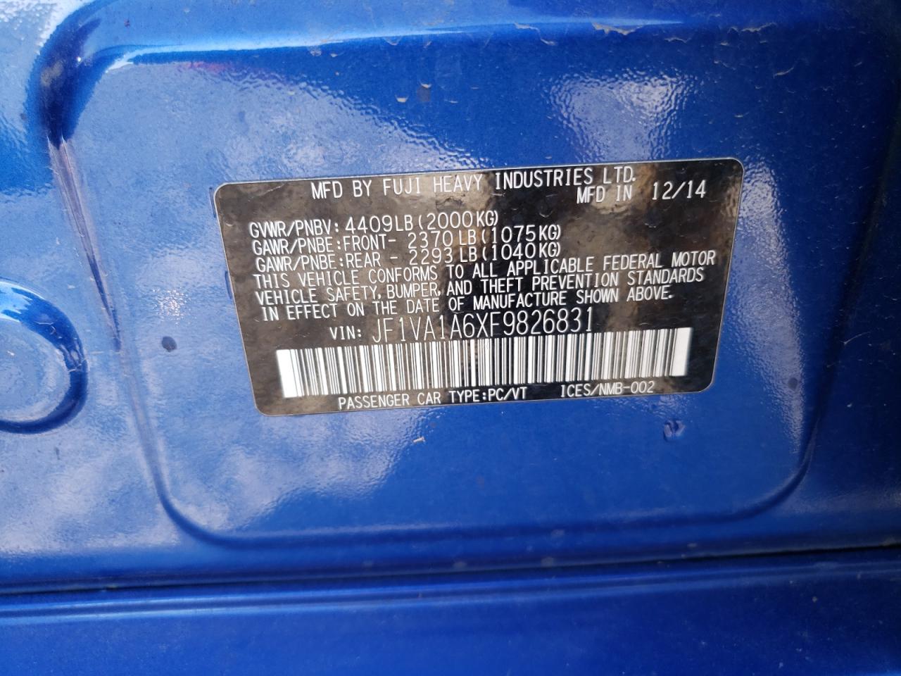 2015 Subaru WRX VIN JF1VA1A6XF9826831 Copart auction photo, all over damage thumbnail 12