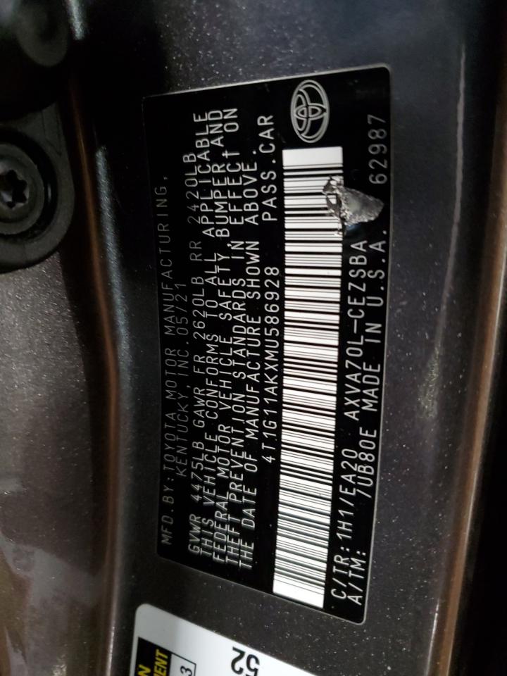 2021 Toyota Camry VIN 4T1G11AKXMU586928 Copart auction photo, front end damage thumbnail 12