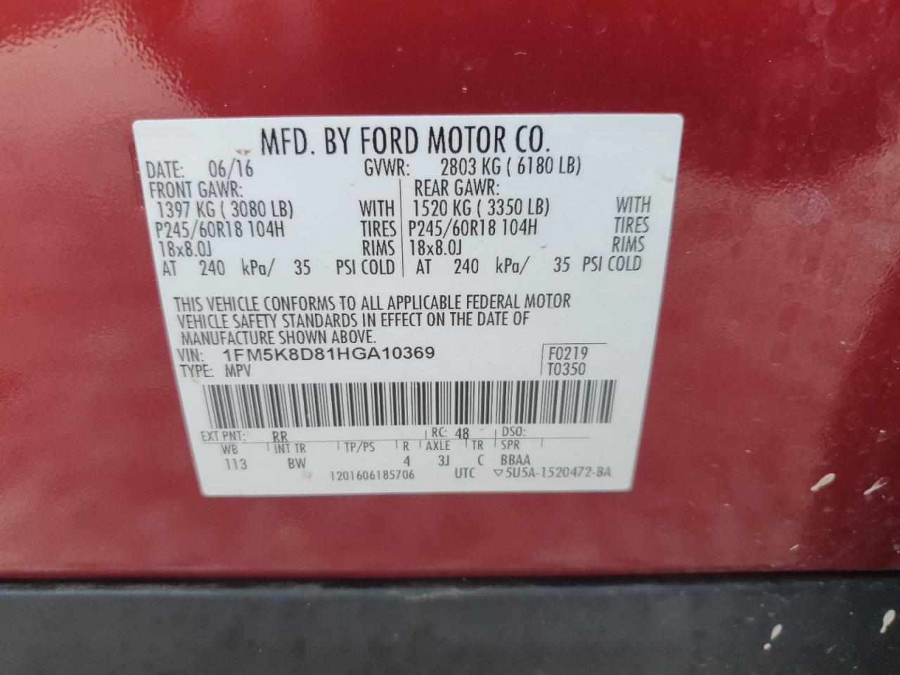 2017 Ford Explorer VIN 1FM5K8D81HGA10369 Copart auction photo, front end damage thumbnail 13