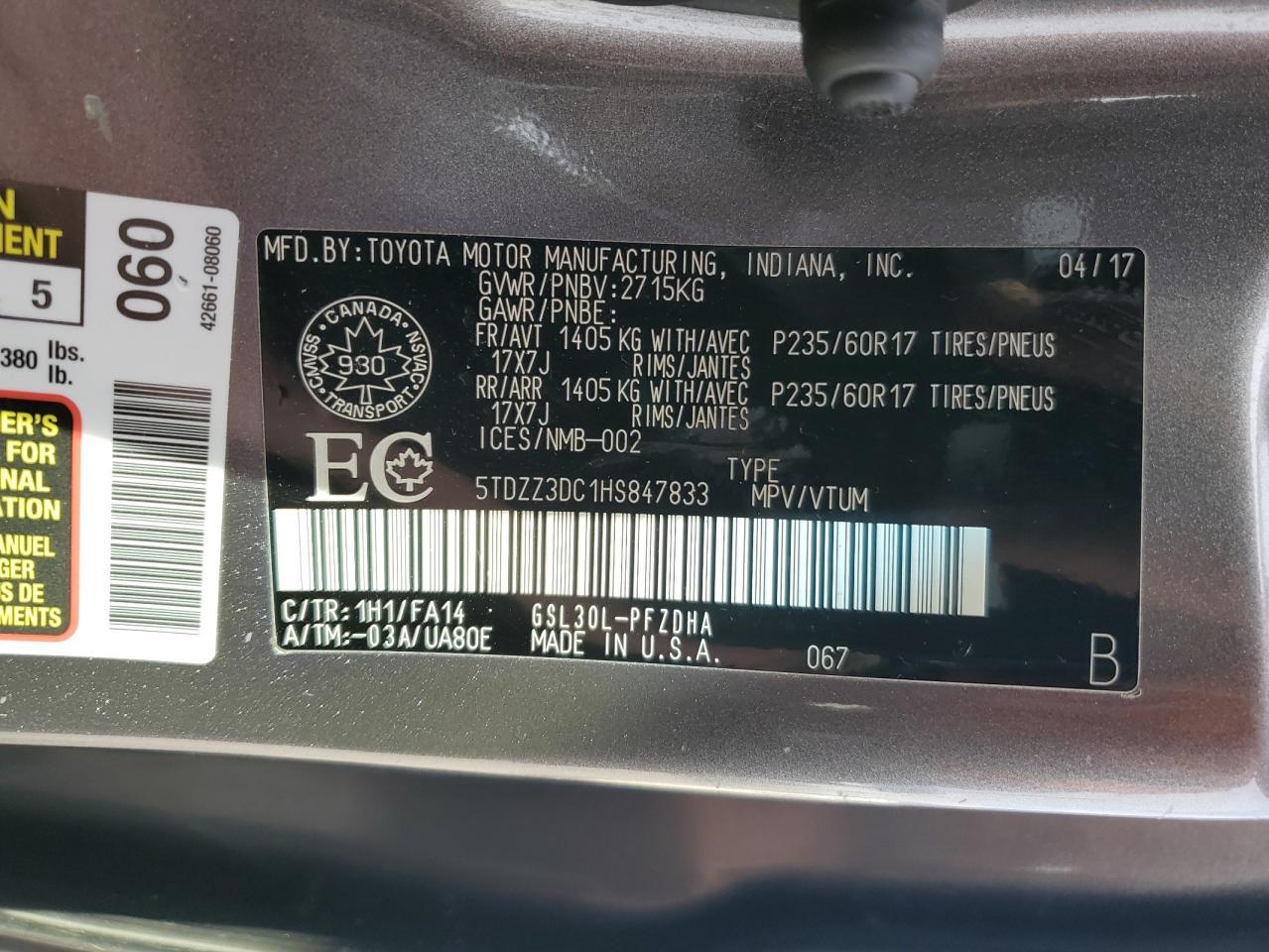 2017 Toyota Sienna VIN 5TDZZ3DC1HS847833 Copart auction photo, water/flood damage thumbnail 13
