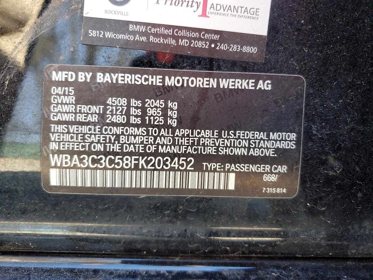 2015 BMW 3er VIN WBA3C3C58FK203452 Copart auction photo, front end / minor dent/scratches damage thumbnail 12
