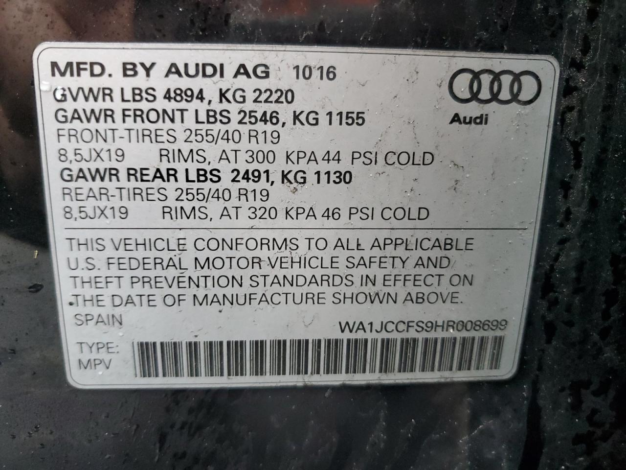 2017 Audi Q3 VIN WA1JCCFS9HR008699 Copart auction photo, front end / side damage thumbnail 14
