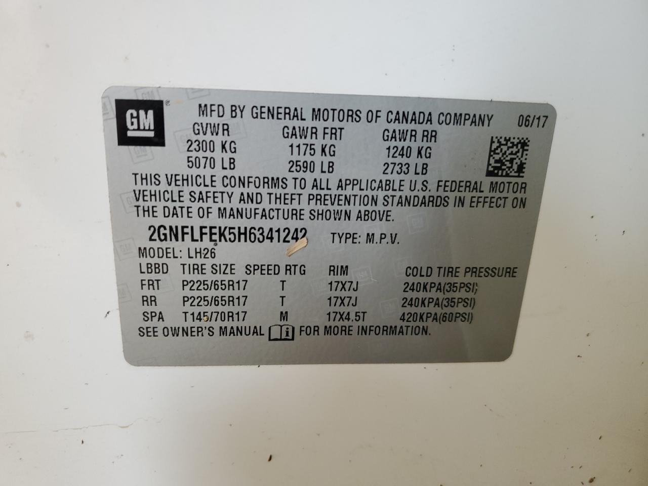 2017 Chevrolet Equinox VIN 2GNFLFEK5H6341242 Copart auction photo, water/flood damage thumbnail 12