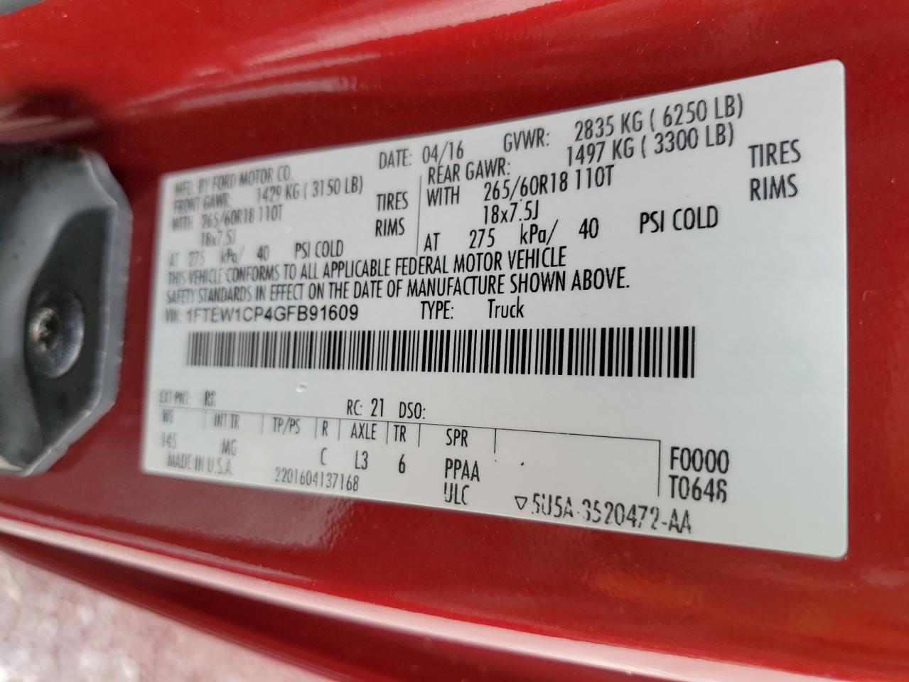 2016 Ford F-150 VIN 1FTEW1CP4GFB91609 Copart auction photo, rear end damage thumbnail 14